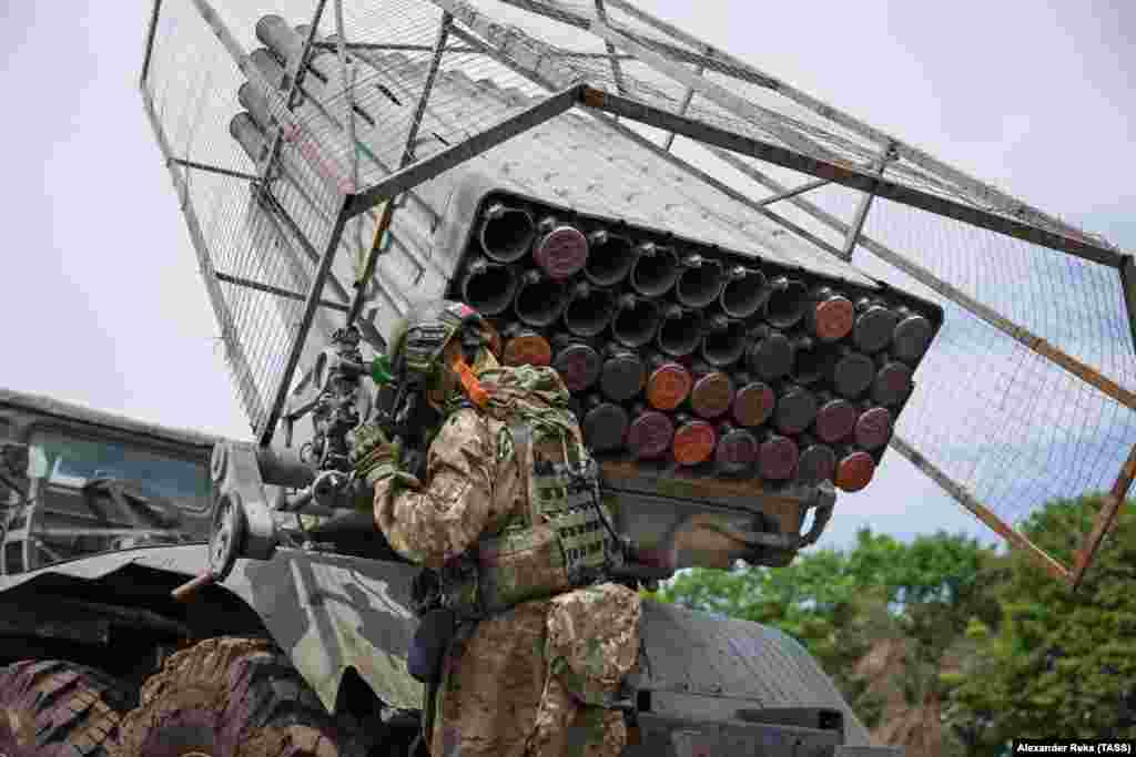 A Russian Grad multiple-rocket launcher fitted with wire netting to prevent FPV drones from detonating directly against the launch tube bank. The photo was taken in eastern Ukraine in June. 