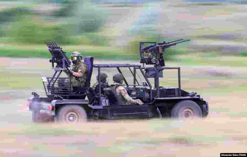 An “anti-drone buggy” being tested by Russian troops inside Ukraine in June 2024. The vehicle sports multiple automatic weapons mounted on a light chassis, and unspecified “anti-drone weapons” are apparently fired from grenade launch tubes seen at the front and rear of the vehicle.