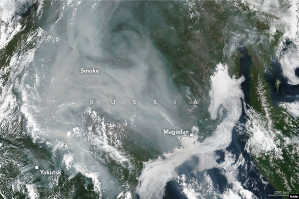 The wildfires have been burning for weeks. A satellite image shows large clouds of smoke enveloping the Yakutia region on July 5. According to Russia's Emergency Situations Ministry, more than 187 fires are currently burning and their area recently increased by more than 100,000 hectares since July 18.