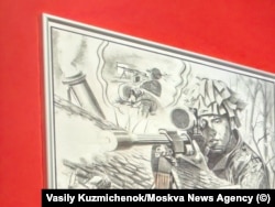Na crtežu sjevernokorejski snajperista puca na ukrajinske vojnike.