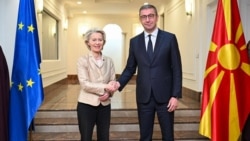 Predsednica Evropske komisije Ursula fon der Lajen i premijer Severne Makedonije Hristijan Mickovski, 15. oktobar 2025, Skoplje.